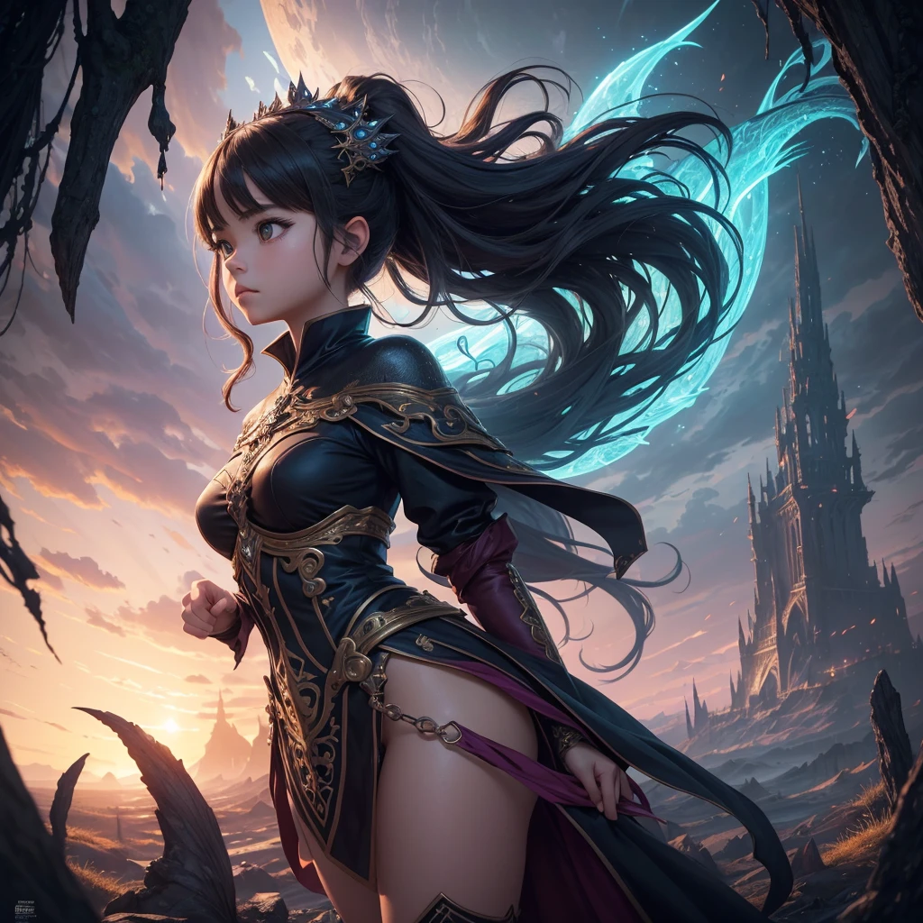 ((masterpiece, best quality, extremely detailed, absurdres)),1girl,cute,Create a highly detailed, realistic anime-style illustration featuring a young girl lost in a vast, exotic fantasy world. She stands at the center of the scene, surrounded by floating, surreal geometric objects, glowing mystical symbols, and otherworldly landscapes. The atmosphere is mysterious and dangerous, filled with rich colors, deep shadows, and fantastical creatures lurking in the background. Her expression should reflect both awe and determination as she embarks on her adventure through this new, unknown land. Incorporate elements of dramatic lighting with intricate details in the surrounding objects and scenery, emphasizing a sense of depth and wonder. The overall tone should be both magical and foreboding, with a sense of impending adventure and danger awaiting her. Include flowing capes, detailed textures on clothing, and use of rich, bold colors to enhance the epic feeling of the artwork.
