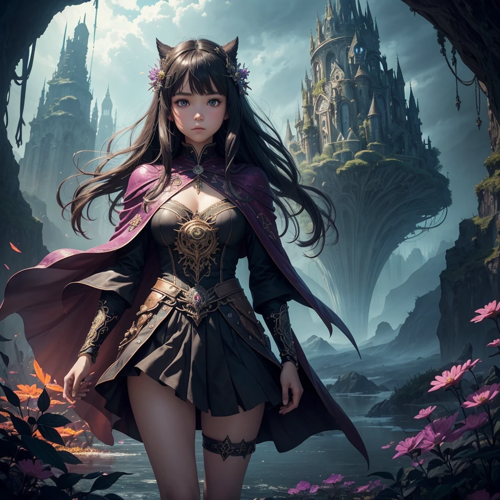 ((masterpiece, best quality, extremely detailed, absurdres)),1girl,cute,Create a highly detailed, realistic anime-style illustration featuring a young girl lost in a vast, exotic fantasy world. She stands at the center of the scene, surrounded by floating, surreal geometric objects, glowing mystical symbols, and otherworldly landscapes. The atmosphere is mysterious and dangerous, filled with rich colors, deep shadows, and fantastical creatures lurking in the background. Her expression should reflect both awe and determination as she embarks on her adventure through this new, unknown land. Incorporate elements of dramatic lighting with intricate details in the surrounding objects and scenery, emphasizing a sense of depth and wonder. The overall tone should be both magical and foreboding, with a sense of impending adventure and danger awaiting her. Include flowing capes, detailed textures on clothing, and use of rich, bold colors to enhance the epic feeling of the artwork.