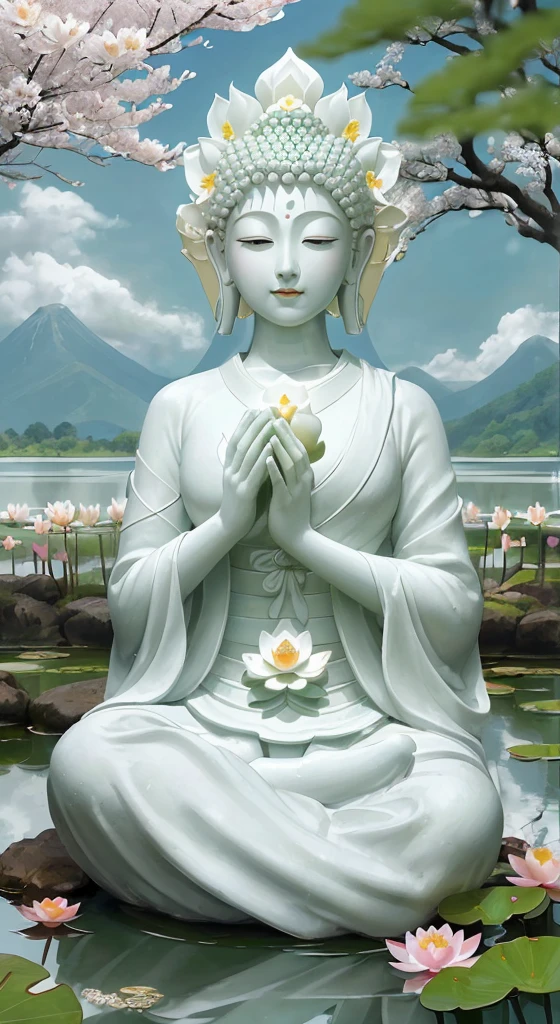 (Masterpiece),(Best quality),(Ultra-detailed), (Body:1.2), 1 Buddha statue, floating in a powerful zen state, with lotus flowers, White skin, Amitayus, sitting on a lotus flower, Chant the Buddha's name with both hands, temples, wearing an outfit, White skin, face round, kind, gentle, look, Mountains, green trees, Cherry blossoms, forest, Birds, Clouds, dew, En plein air, Bright, fresh, Green, White skin, (Beautiful detailed face), (Eyes closed), (surrealism),