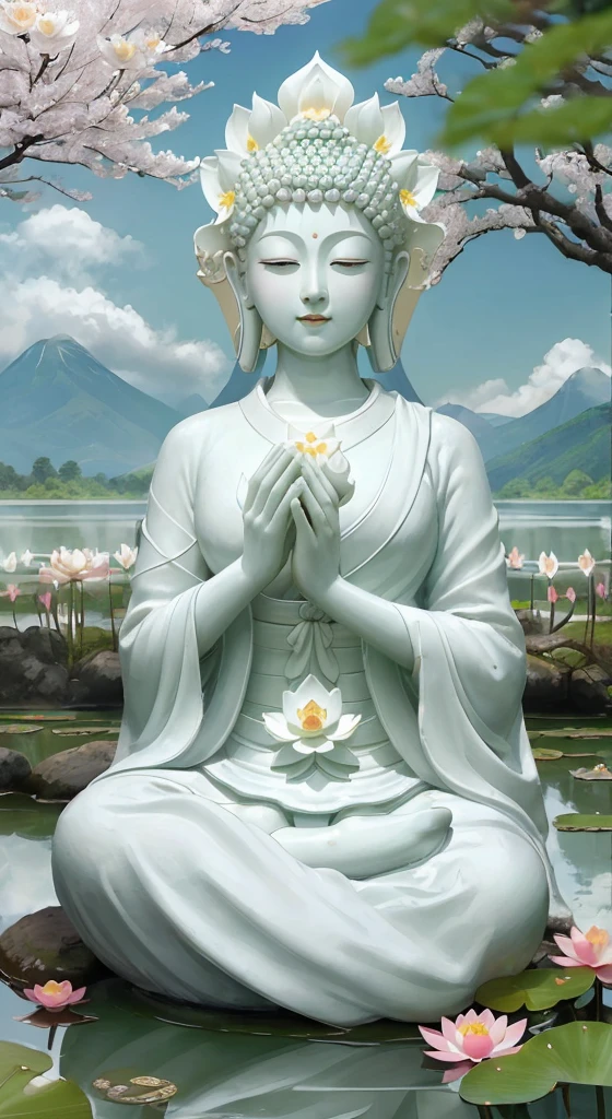 (Masterpiece),(Best quality),(Ultra-detailed), (Body:1.2), 1 Buddha statue, floating in a powerful zen state, with lotus flowers, White skin, Amitayus,  sitting on a lotus flower, Chant the Buddha's name with both hands, temples, wearing an outfit, White skin, face round, kind, gentle, look, Mountains, green trees, Cherry blossoms, forest, Birds, Clouds, dew, En plein air, Bright, fresh, Green, White skin, (Beautiful detailed face), (Eyes closed), (surrealism),