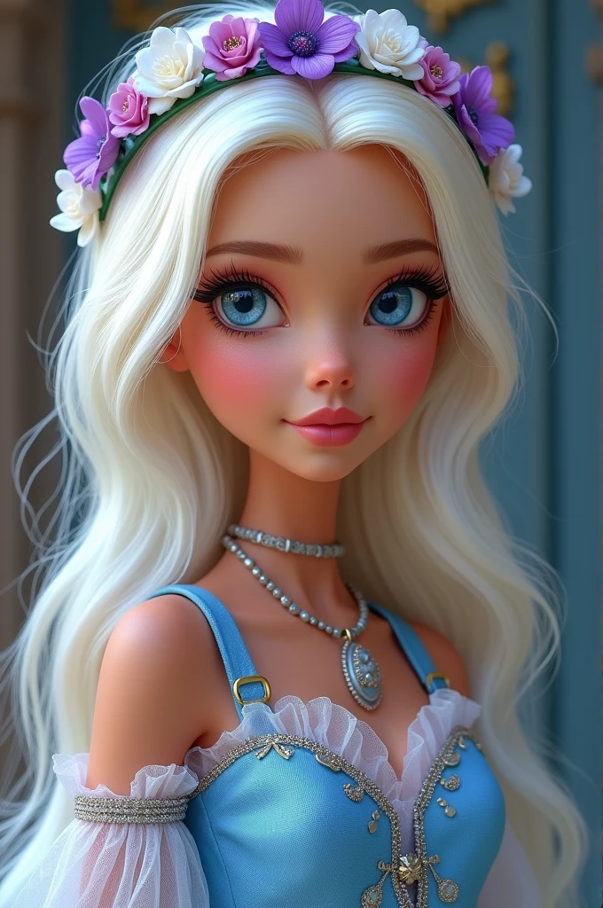 Imagem da filha da Darling Charming e da Holly O'Hair de Ever After High: Must have long, almost white blonde hair with blue highlights styled in loose waves and tied into a sleek ponytail, blue colored eyes, skin tanned, baby blue princess dress with baby pink, white and silver and straps on the shoulders, purple flower crown