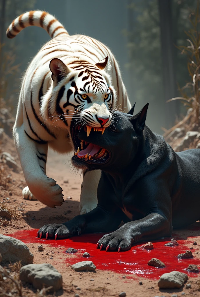 White tiger aggressive killed black great dane panther after tiger dead around blood 