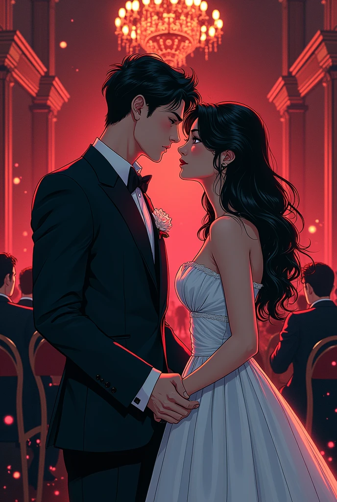 manga style   "The moment his eyes met the villain&#39;s, the world around him faded away. The sound of wedding music became a distant echo, The hero at his side became a shadow. With each step I took towards the altar, his heart beat faster, not for the man who was waiting for her, but by the one who was in the shadows. With a whisper full of emotion and tears in the eyes, confessed:&#39;It&#39;s you I love, It&#39;s always been you. sin ti, This day has no meaning. '"  and the girl is sad and the villain is sad
