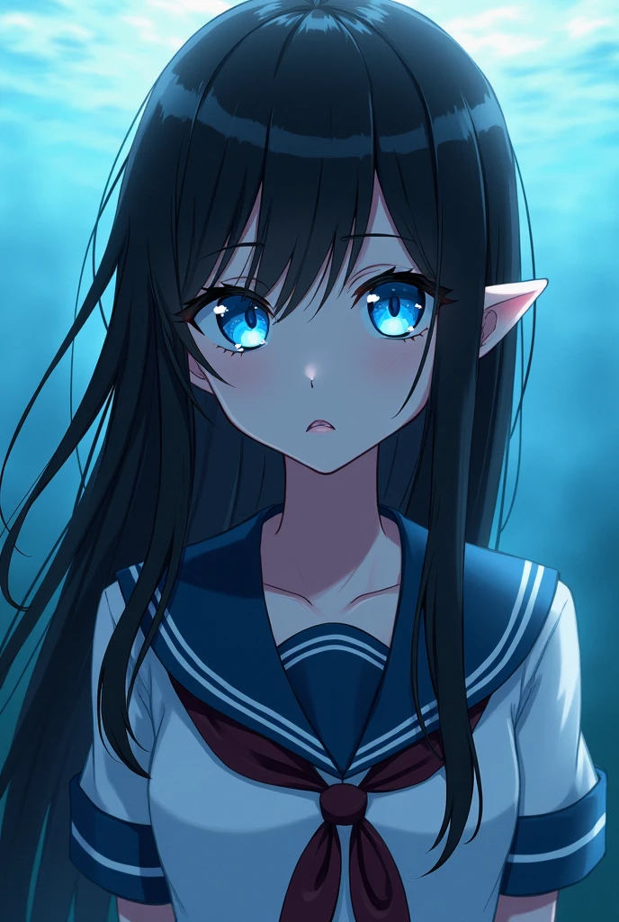 Black haired elf ocean eye with student uniform anime style
Grey skin