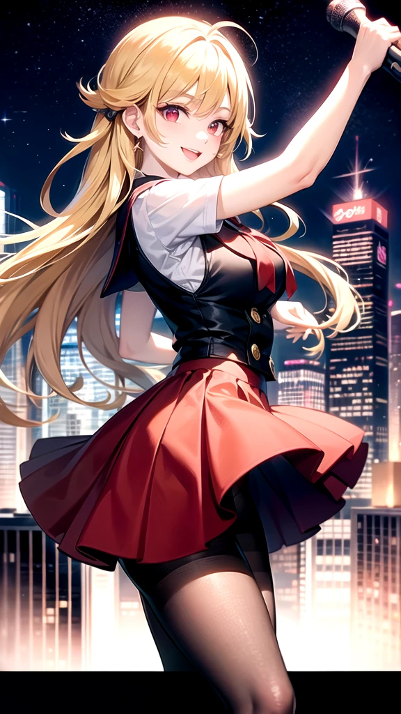 Create an album cover illustration for a pop idol group. The idol has Blonde long hair high school girl, school uniform, Red eyes,smile and wears trendy outfits. He is holding a microphone and striking a dynamic pose while surrounded by colorful musical notes and stars. The background features a vibrant cityscape with skyscrapers, neon lights, and a starry sky, creating a vibrant and energetic atmosphere.