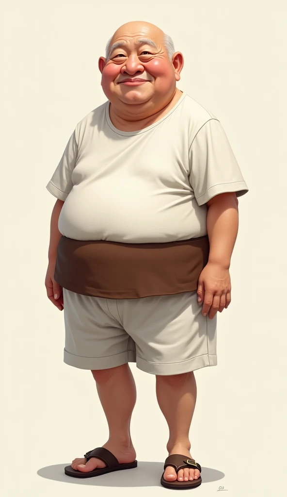 High resolution, masterpiece,Standing in front、In the whole body frame、Japanese、old man、Very short stature、Wrinkle、bald、Blushing, A charming face、Plain white T-shirt、Slightly obese body type、Brown belly band、Wearing white shorts、Weird old man style、Shoes Sandals