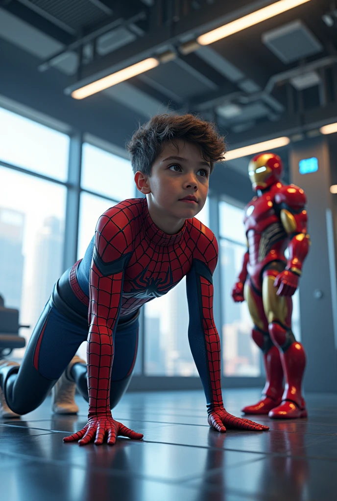 A spiderkid doing push ups at gym with ironman 