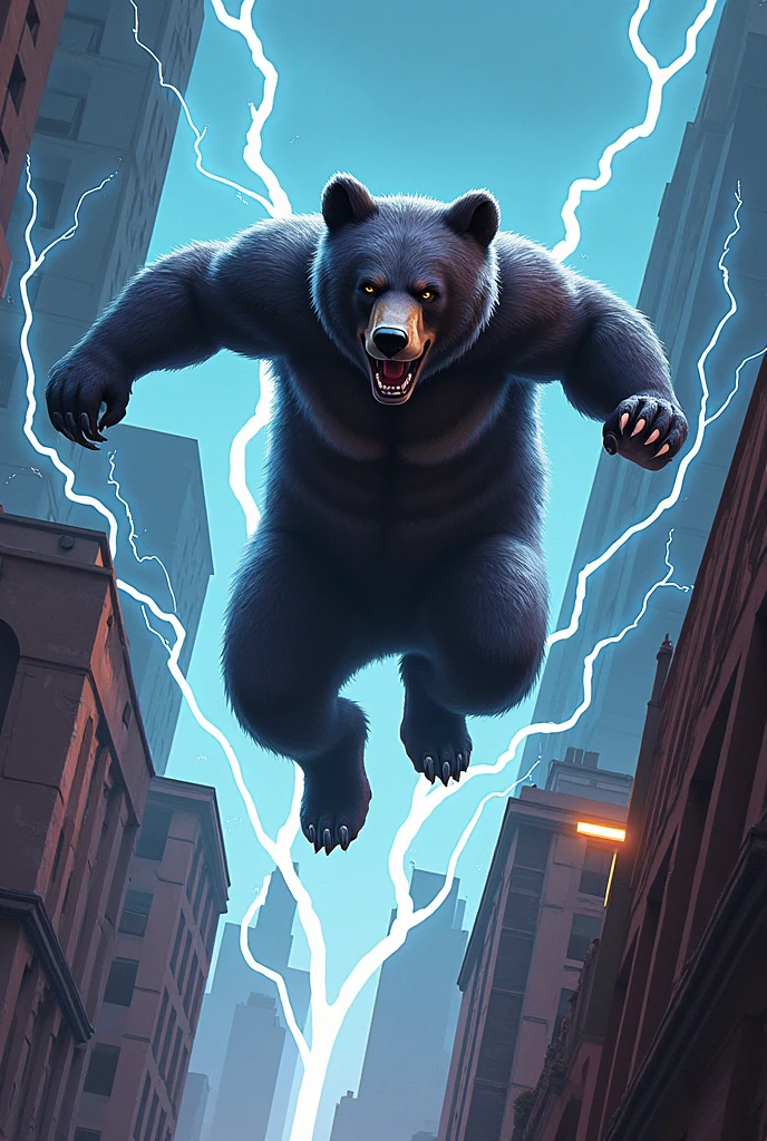 A bear doing parkour with lightning elements. The image of the bear should be cool, not fierce, and the lines should be strong.