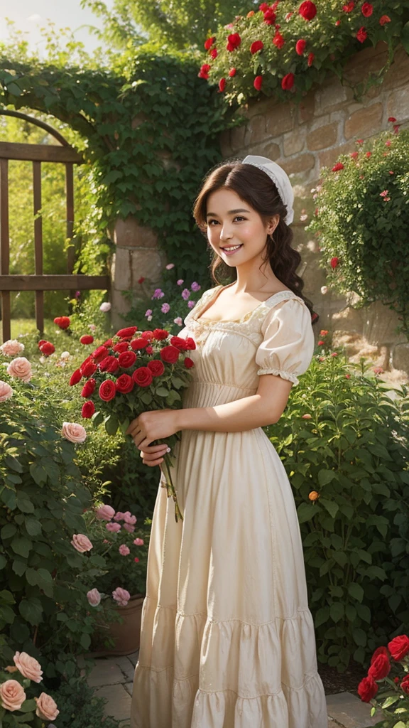 Beautiful peasant gardener, growing red roses; Wearing a beautiful dress from the 1800s, Your hair is curled; Your skin is white; His cheeks are flushed, has a beautiful spontaneous smile on his face; Her hair is light brown; in the scene there is a beautiful garden with bright colors behind it