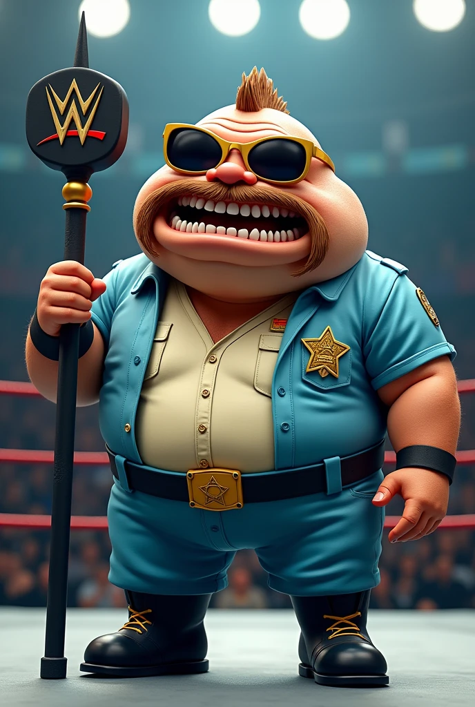 Cartoon Bigmouth Bass fish, dressed like WWE wrestler Big Boss Man
Cartoon Bigmouth Bass fish body. Cartoon Bigmouth Bass fish head. Cartoon Bigmouth Bass fish arms. Cartoon fish hands.
Gold glasses with black shades.
Short brown mustache and beard.
Light blue prison guard shirt with black pockets. Shirt buttoned up. Gold badge on chest. Blue pants. Black wrestling boots. Black gloves. Carrying a black nightstick
Standing in a wrestling ring.
