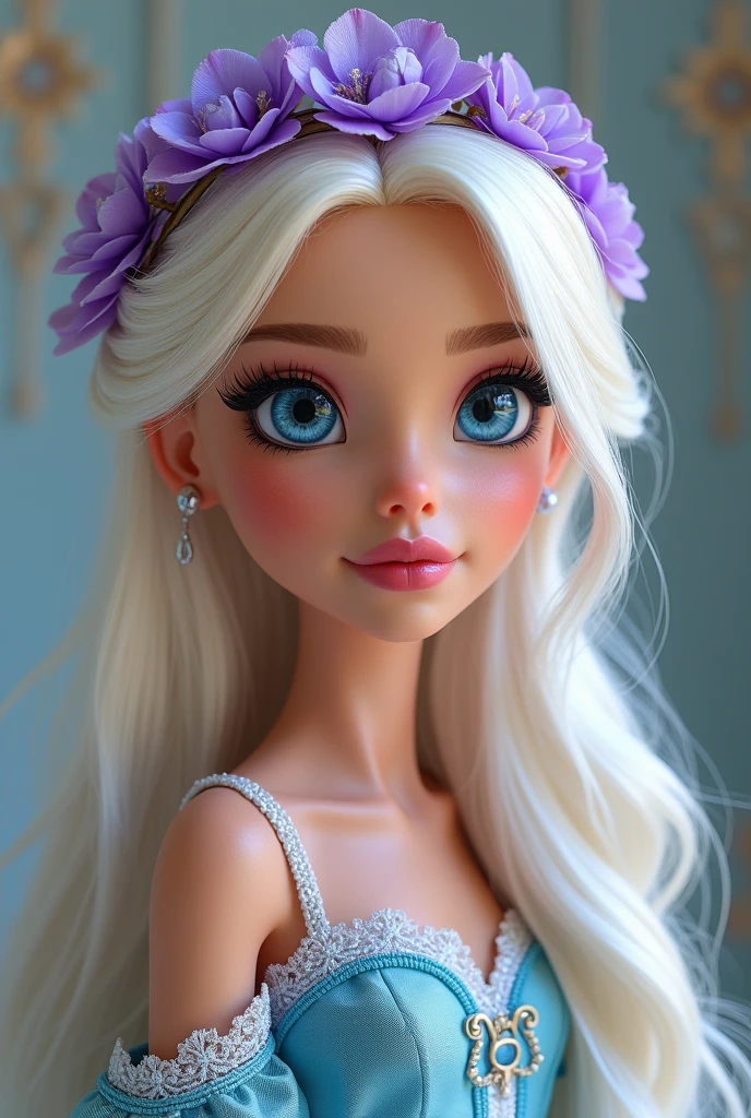 Imagem da filha da Darling Charming e da Holly O'Hair de Ever After High: Must have long, almost white blonde hair with blue highlights styled in loose waves and tied into a sleek ponytail, blue colored eyes, skin tanned, baby blue princess dress with baby pink, white and silver and straps on the shoulders, purple flower crown