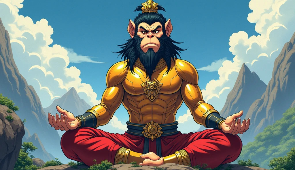 Close-up of Sun Wukong, The Adult Monkey King (He has black and golden hair, with big eyes, sharp and golden, Hair in the face, half-human, half-monkey face, muscular body and a confident expression. He wears golden armor with red details and holds a golden staff), Meditating on a mountain. In the sky it is written "Rey Mono". Anime style.