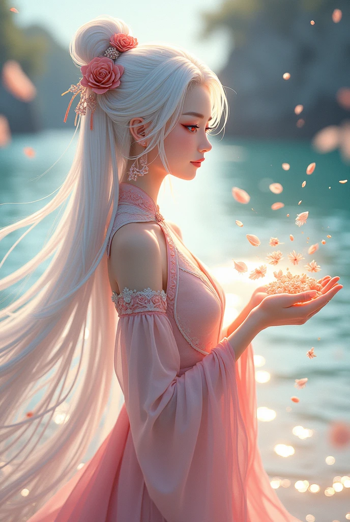 A white-haired woman with ruby red eyes, wearing Chinese style clothes, was playing on the beach and she was holding a lot of shells. Anime art