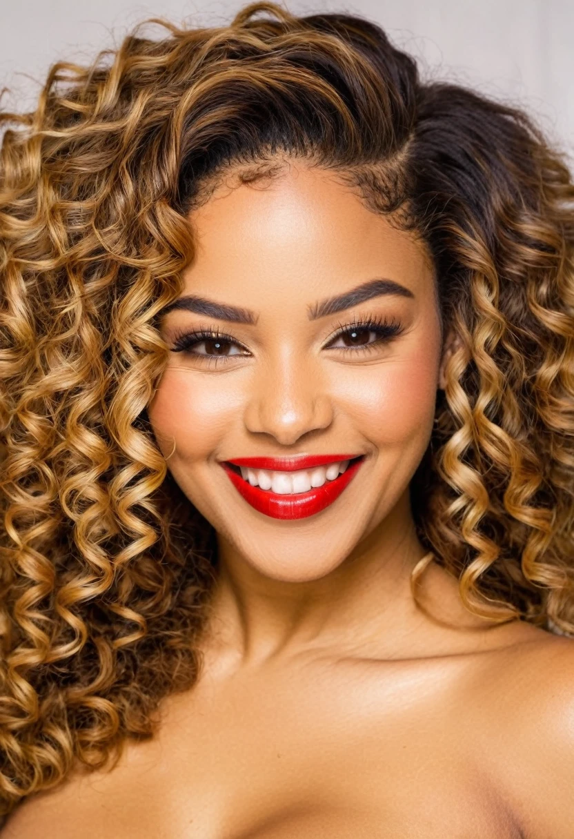 A very beautiful very gorgeous, 23 yrs old Afro-Latina Puerto Rican, Dominican, Very Sexy and alluring Seductive smile, green hazel eyes, golden brown skin, long with curly brown hair with blond highlights, bright red lipstick, cat eye and very long eyelashes, golden brown skin, voluptuous woman hyper detailed photography, soft light, head and shoulders portrait, cover