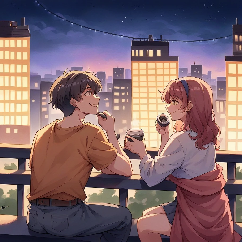 HD image in watercolor, oil painting, and modern pulp art mixed style, depicting an Indian husband and wife on a coffee date, sitting on a balcony at night in an urban city. They are looking at each other, smiling warmly, with an atmosphere of romance. The background features light-colored, plain hues that subtly contrast the night scene. The couple is in casual attire, and the scene highlights their love and connection under the city lights.