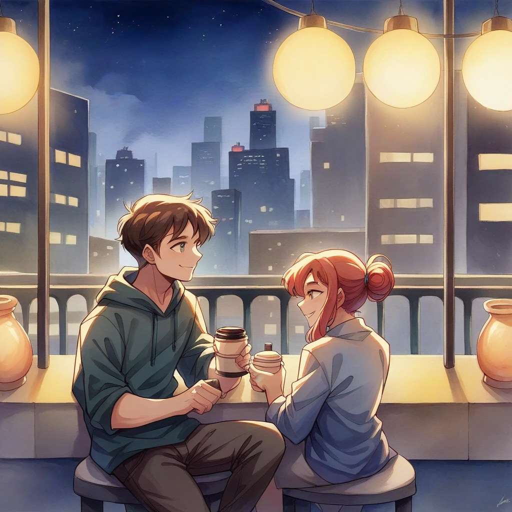 HD image in watercolor, oil painting, and modern pulp art mixed style, depicting an Indian husband and wife on a coffee date, sitting on a balcony at night in an urban city. They are looking at each other, smiling warmly, with an atmosphere of romance. The background features light-colored, plain hues that subtly contrast the night scene. The couple is in casual attire, and the scene highlights their love and connection under the city lights.