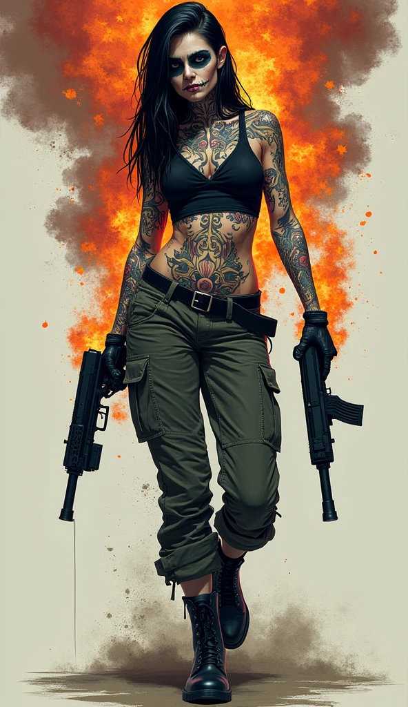 /imagine prompt: Katrina, a woman with deathly pale skin, black straight hair, and tattoos representing underworld symbols, instinctively forming a pistol-holding pose with her hands. To her surprise, her tattoos come to life, transforming into real weapons - two pistols blending technology and magic. Her face adorned with skull makeup, paying tribute to La Catrina and the Day of the Dead. She wears tactical clothing - cargo pants, a black top, and tactical boots. Illustrate Katrina in full body, comic 2D style, showcasing the mystical transformation of her tattoos into firearms, embodying a mix of technology and magic, with a nod to La Catrina, the Day of the Dead, and tactical attire, --ar 16:9 --v 5