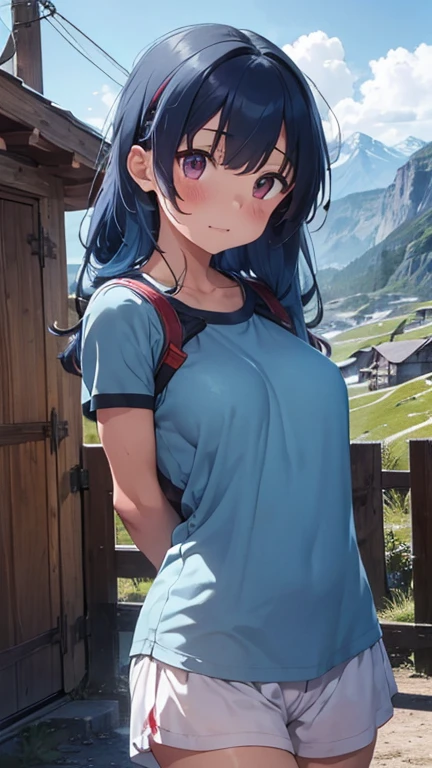 mastute piece,Best Quality,insanely detailed,8k cg,nsfw,
(shoot upper body:1.3),
(1girls:1.3),standing,looking at viewr,body in front,((both arms behind back:1.4)),(outdoor wear:1.4),break,
blush,shy,(ecstasy face),(trembling:1.2),break,(blue hair:1.4),
break,
perfect breasts,perfect teats,(open mouth:0.9),(large breasts:1.3),
(mountain hut:1.1)