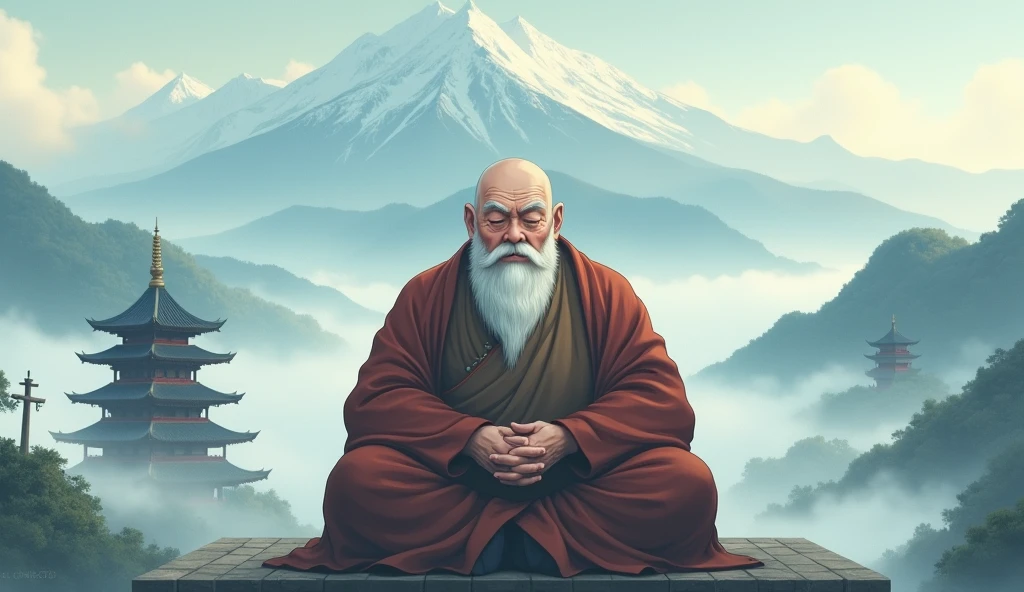 Old fat monk sensei, mist covered, surrounded by mountains, beautiful scenario, temples, in anime style, wisdom full,