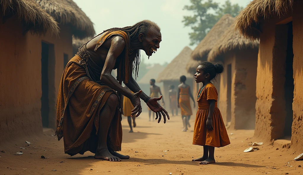 A wicked old African witch cursing a young African girl in front of village huts