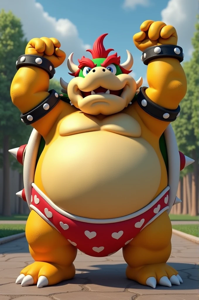 Bowser from Super Mario, morbidly obese, huge round belly, huge moobs, arms in the air, embarrassed expression, extremely fat, heart underpants