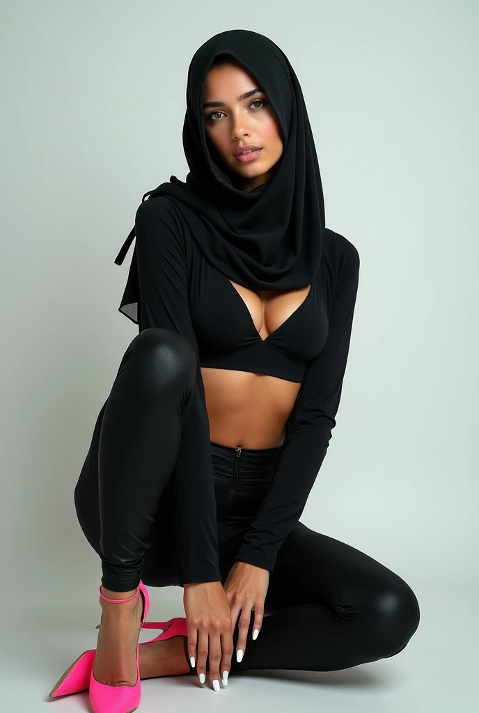 Real, Niqab girl, crop top und leggings, pink high heels, white toe nails, sexy pose