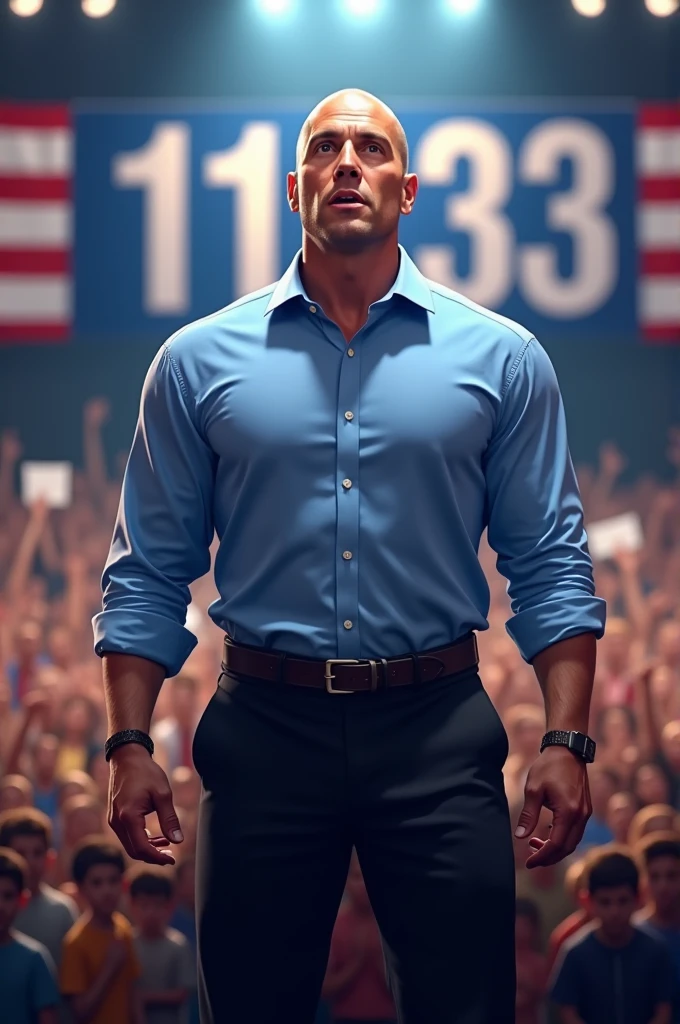 A bald muscular candidate in a sky blue shirt and black pants stands in front of a crowd of people with a banner reading 11123