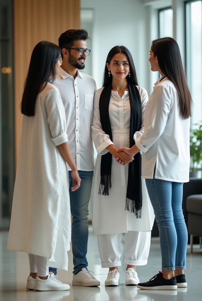 Two young men are waiting for their girlfriends in the reception area of the office. One of the young men is wearing a white printed shirt, jeans, white shoes and smart watch and the other is wearing a white full sleeve t-shirt, jeans, glasses and black sneakers. His girlfriend comes there wearing a white Indian suit, black pallu, white shoes and glasses. Then she shakes hands with both the boys.