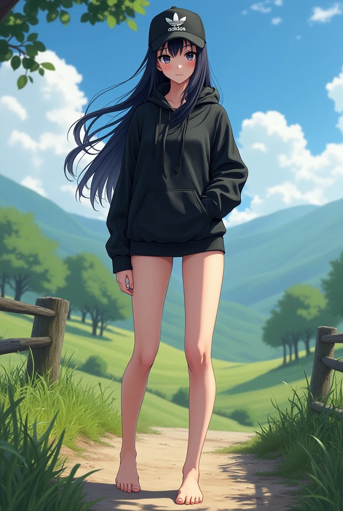 sexy tall anime girl, long black hair, black eyes, barefoot, wear black adidas cap, wear black adidas hood, wear black adidas hot pants, background is countryside
