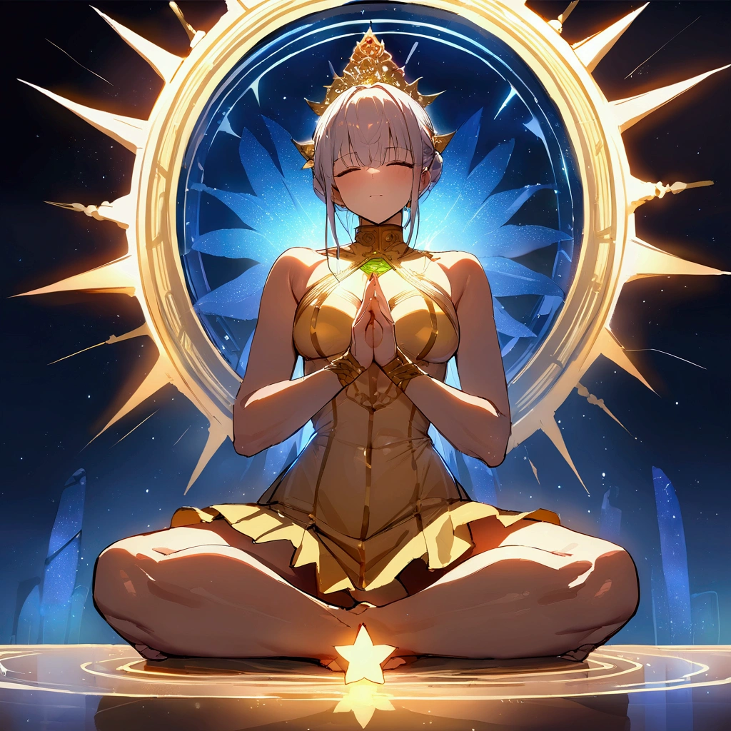 (masterpiece, best quality:1.2), translucent的皮肤由坚硬的弹性硅胶制成, A beautiful intricate Buddha statue , Wearing a golden cassock,Lotus position in yoga, A lotus,Solitary,Fold your hands together,Body Glow,glowing lines,Fluorescence,Glow Example,Sample trace,flash,萤Light Particles,Backlight,translucent,Light Particles,Blue gradient((Epic Star Gate))background