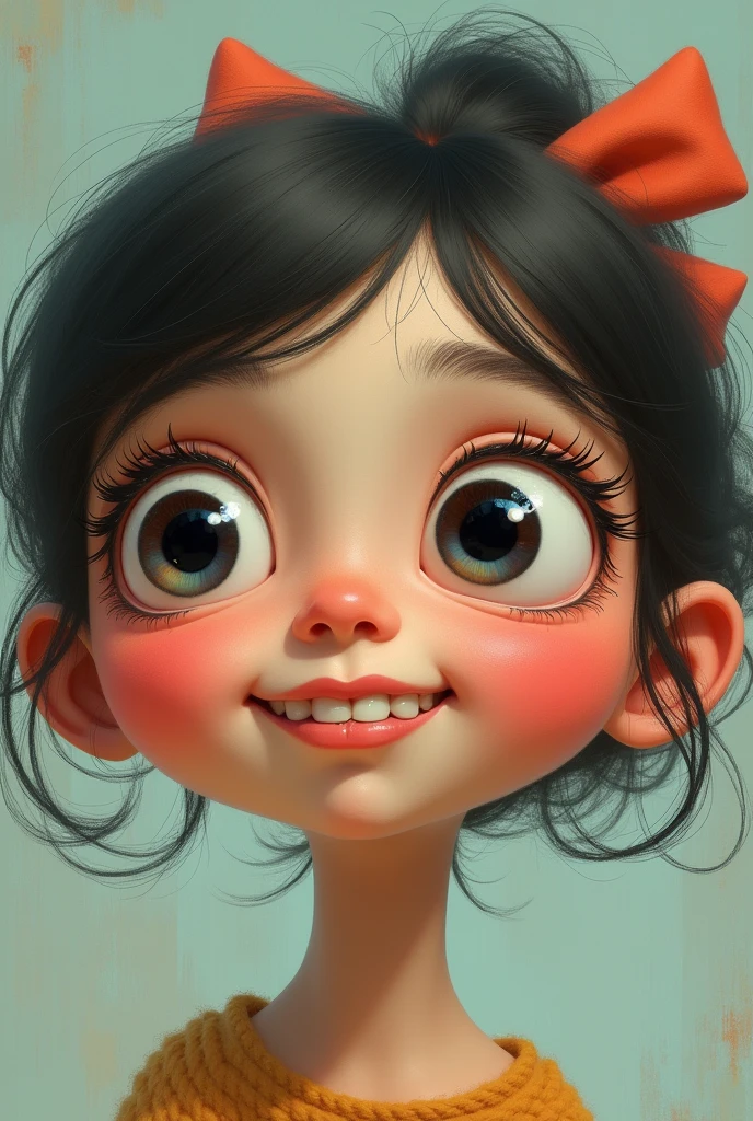 A round face girl having doe eyes and bigger eye lenses of black colour having front teeth bigger
