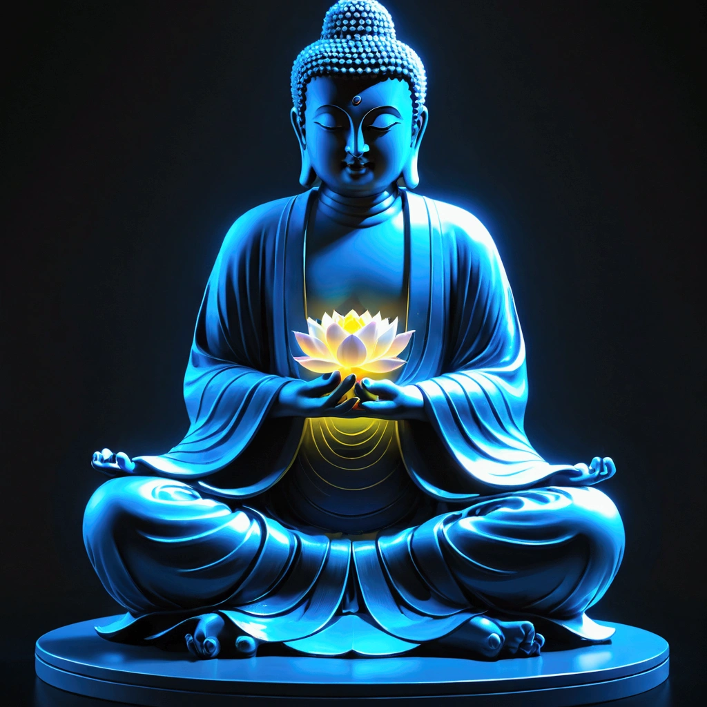 (masterpiece, best quality:1.2), translucent的皮肤由坚硬的弹性硅胶制成, A beautiful intricate Buddha statue , Wearing a golden cassock,Lotus position in yoga, A lotus,Solitary,Fold your hands together,Body Glow,glowing lines,Fluorescence,Glow Example,Sample trace,flash,萤Light Particles,Backlight,translucent,Light Particles,Blue gradient((Epic Star Gate))background
