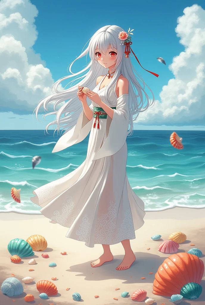 A white-haired woman with ruby red eyes, wearing Chinese style clothes, was playing on the beach and she was holding a lot of shells. Anime art,, dipinggir pantai anime art