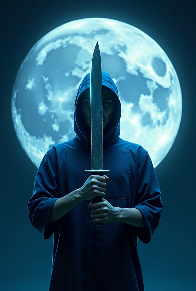 Blue square shaped shirt guy having a knife  and insert the knife in centre of the moon