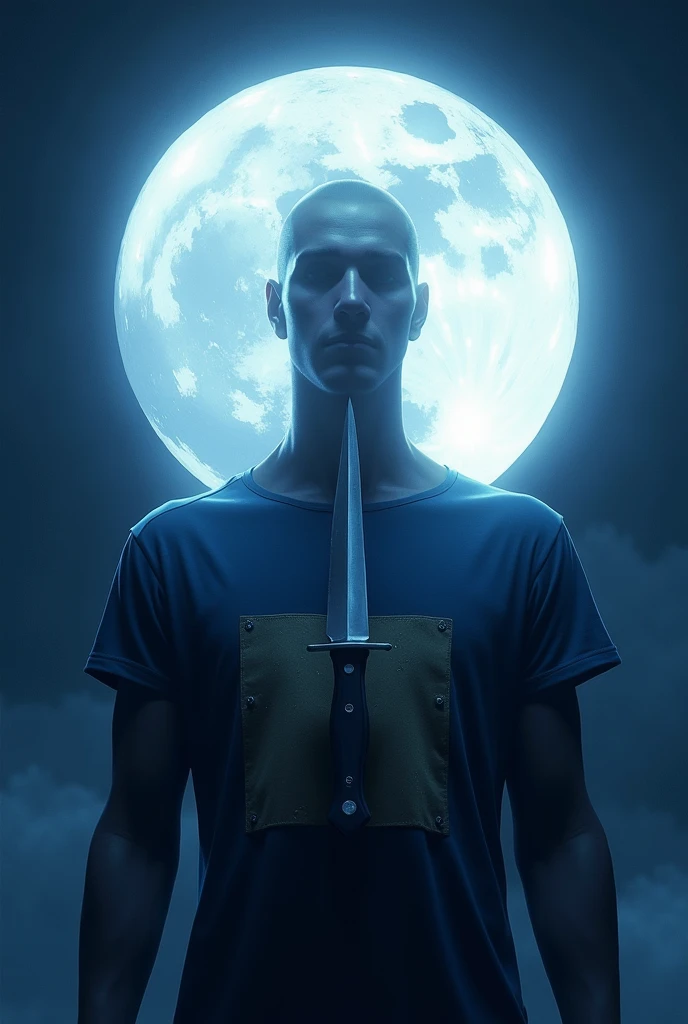 Blue square shaped shirt guy having a knife and insert the knife in centre of the moon