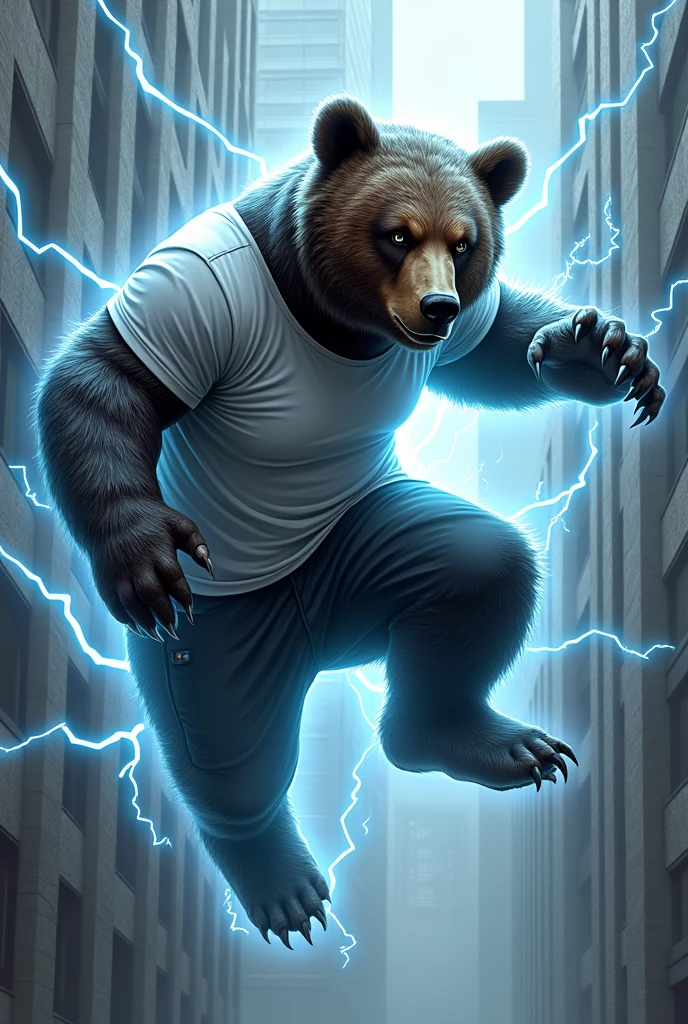 A bear doing parkour with lightning elements. The image of the bear should be cool, not fierce, with strong lines. Some bears wear white T-shirts.