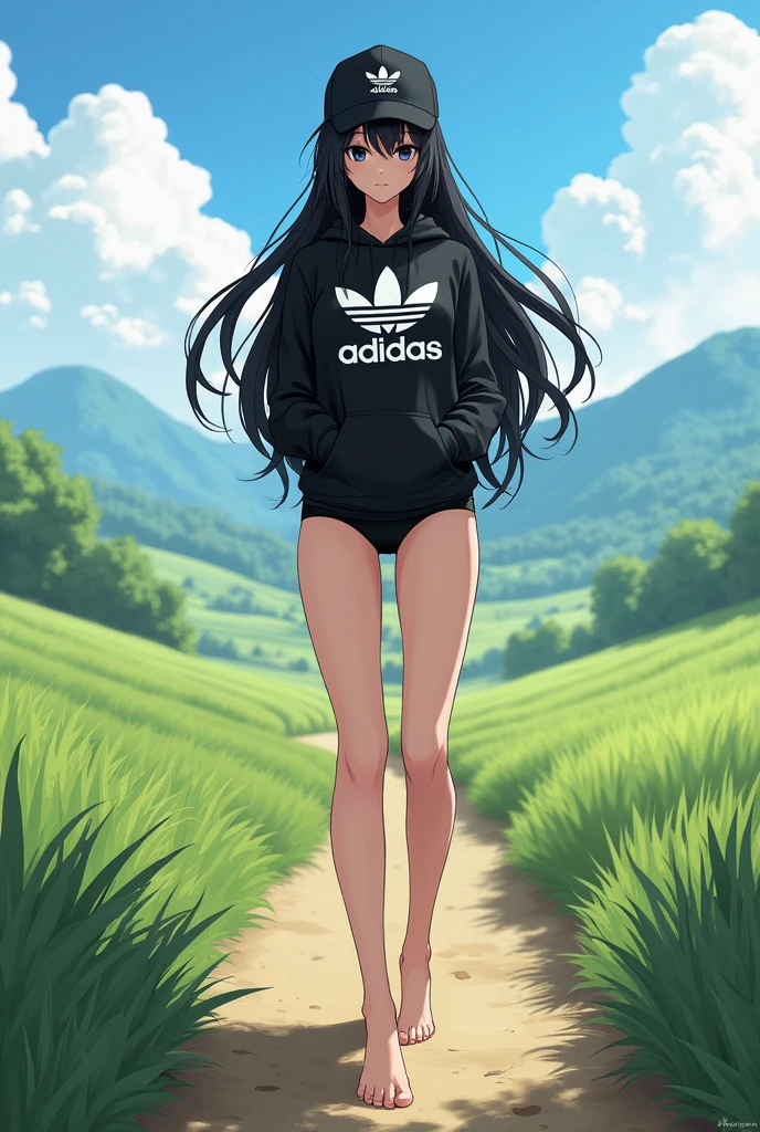 sexy tall anime girl, long black hair, black eyes, barefoot, wear black adidas cap, wear black adidas hood, wear black adidas hot pants, background is countryside