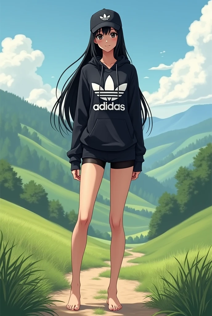 sexy tall anime girl, long black hair, black eyes, barefoot, wear black adidas cap, wear black adidas hood, wear black adidas hot pants, background is countryside