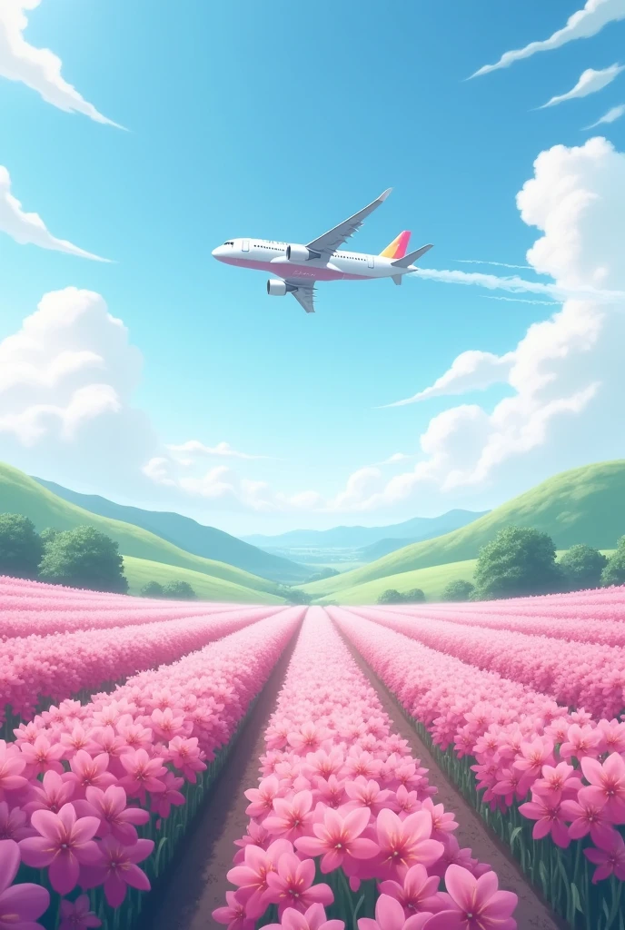 pink flower farm with airplane in sky