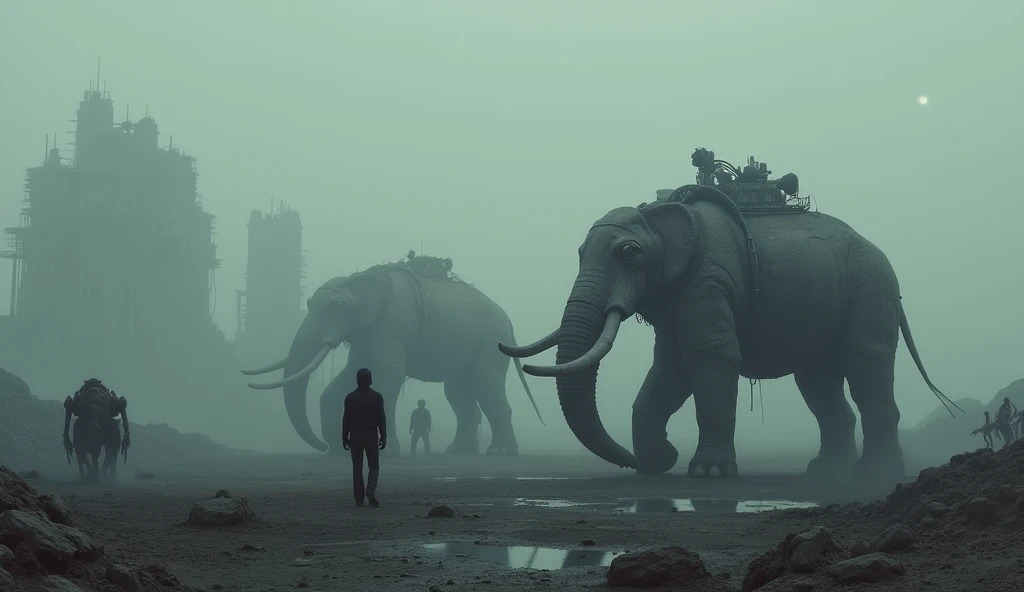 a mysterious dark setting between fog, distressing, sad, cursed and desolate, slow and enormous mastodons with mechanical parts transport black matter to rebuild the city supervised by strange faceless creatures, cryptids with deformations inherited by the nuclear fog after the war, The image is extremely striking and dark, with a dense grayish atmosphere, post-apocalyptic sci-fi, tension, Impressive, unbeatable, intricate, extremely detailed,(((Excessive realistic textures,)) ) ((Winner of the award for the work damn post-apocalyptic photography master, unbeatable premium quality, overly realistic textures, incredible composition, realistic horror sci-fi landscapes))