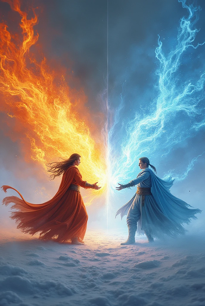(Photorealism:1.2), The final battle between the fire mage and the ice mage