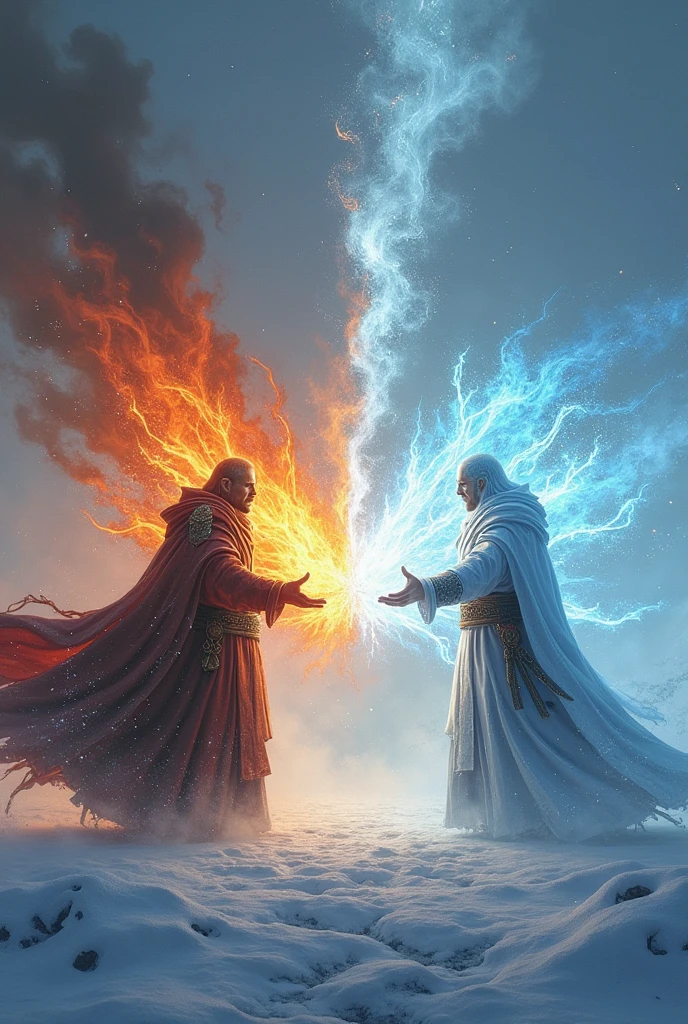 (Photorealism:1.2), The final battle between the fire mage and the ice mage