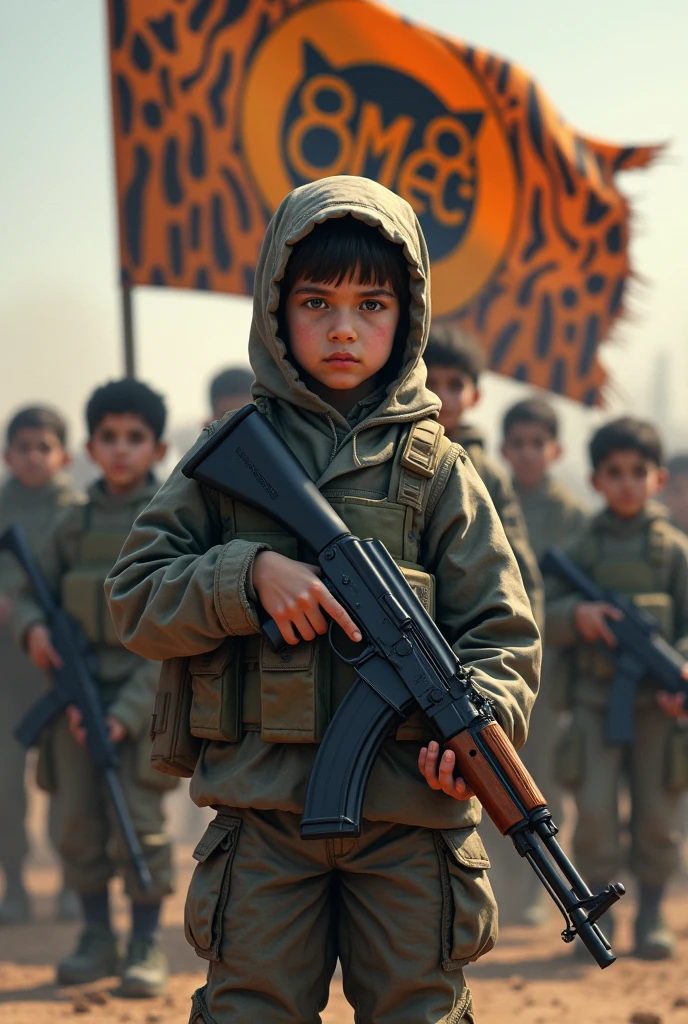 Make a kid having ak-47 and make a flag of tiger stripes with nameaqqq "OMC Organization of Muslim Childrens " standing in front of many army kids