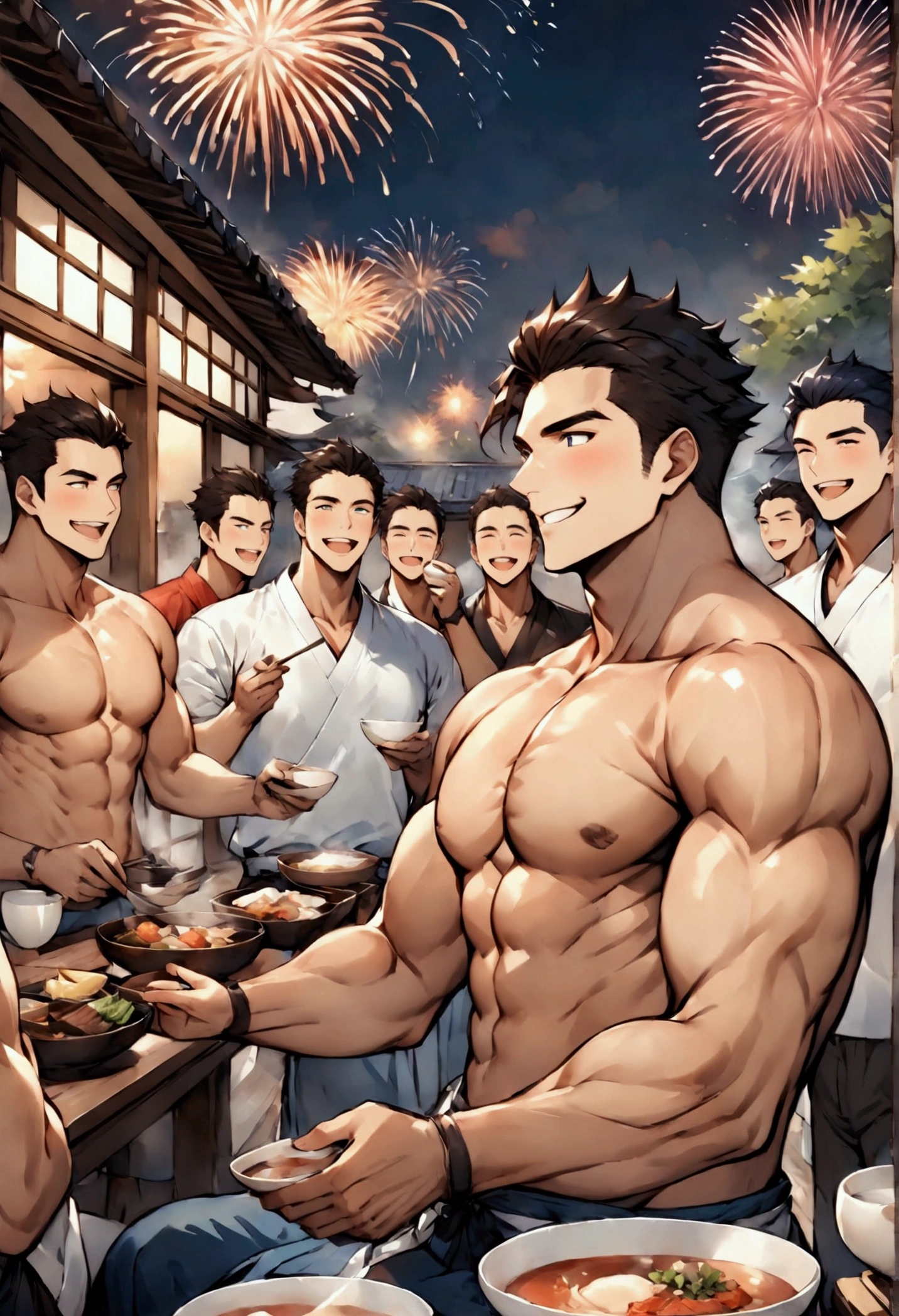 Highest quality、(muscular male:1.5)、(father:0.5)、guy、Topless、Short Hair、Sports haircut、short hair、 6boys、Veranda、firework、A fun atmosphere、meal、sake