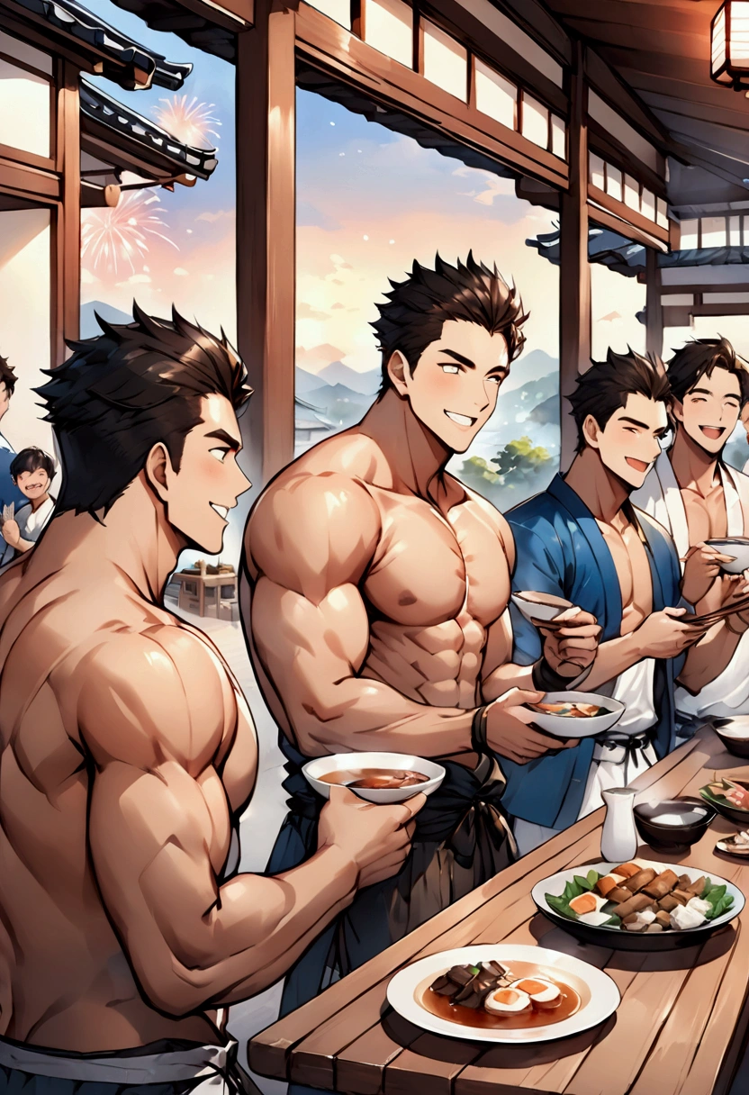 Highest quality、(muscular male:1.5)、(father:0.5)、guy、Topless、Short Hair、Sports haircut、short hair、 6boys、Veranda、firework、A fun atmosphere、meal、sake