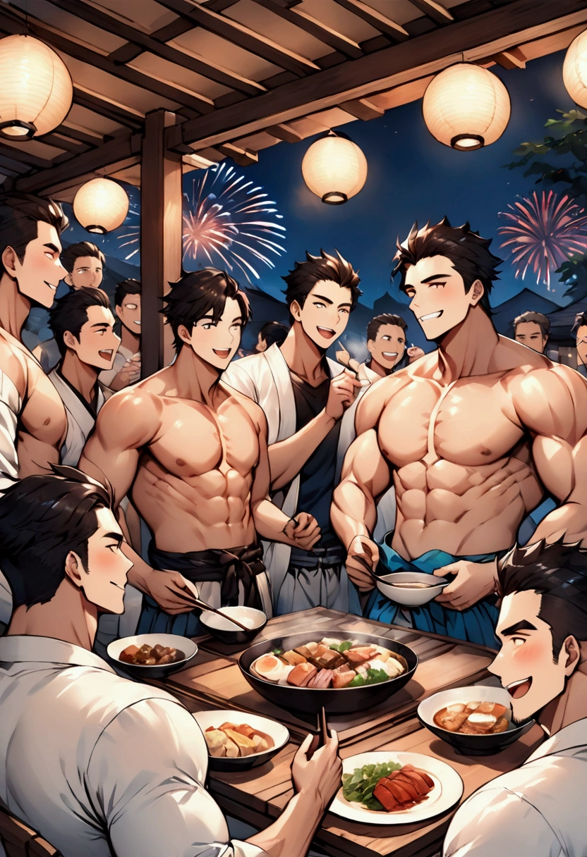 Highest quality、(muscular male:1.5)、(father:0.5)、guy、Topless、Short Hair、Sports haircut、short hair、 6boys、Veranda、firework、A fun atmosphere、meal、sake