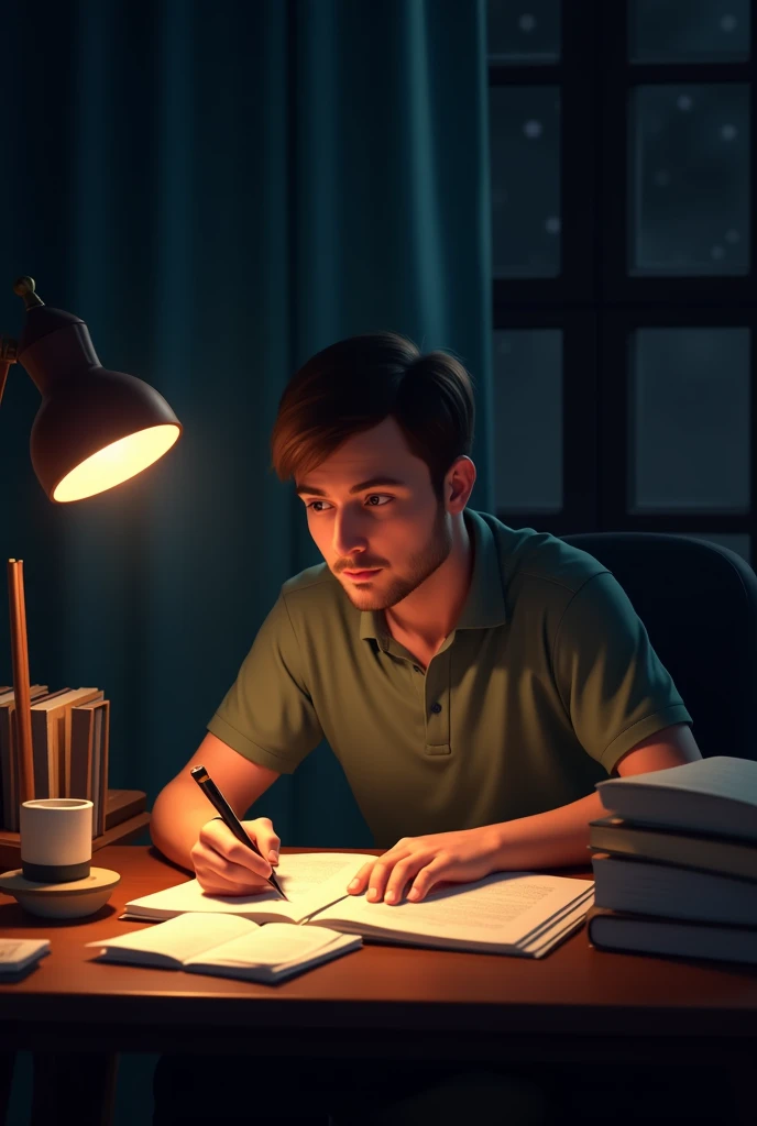 A  adult student studying under a lamp in night 
