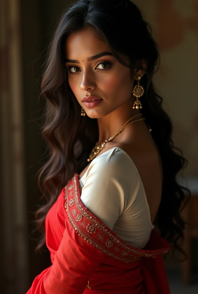 intricate portrait of a beautiful indian girl, wearing a red saree and white blouse, her bosom and back visible, detailed facial features, glowing skin, elegant pose, dramatic lighting, cinematic composition, highly detailed, photorealistic, 8k, masterpiece