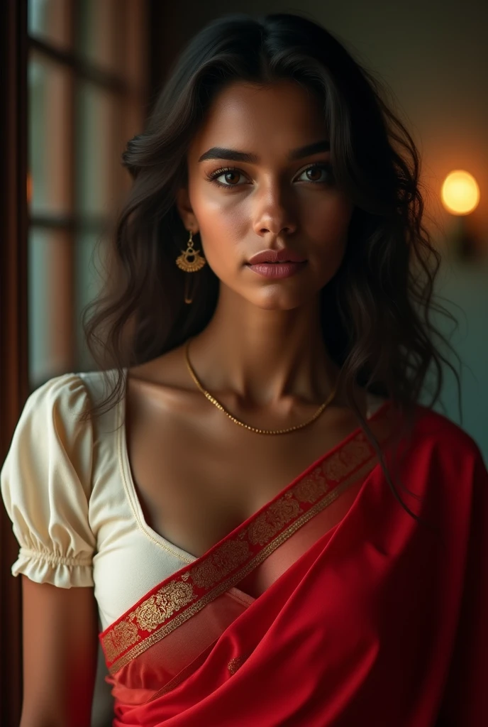 intricate portrait of a beautiful indian girl, wearing a red saree and white blouse, her bosom and back visible, detailed facial features, glowing skin, elegant pose, dramatic lighting, cinematic composition, highly detailed, photorealistic, 8k, masterpiece