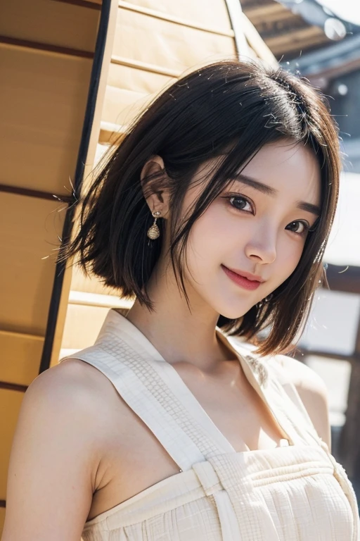 (Two pure Japanese,), (Small breasts:1.5,),(alone,,Textured skin, Detailed skin,Detailed face,Detailed eyes,detailed posing,Natural eyebrows,Sparkling eyes,Attention to detail, Highest quality, Very detailed, Surrealism, ,8k,RAW Photos,Photographicism,Professional Lighting,Ray Tracing,Portrait Photography,Soft Light),((Black Hair, Natural Makeup,Simple Earrings, Bob Hair,smile)),(((Japanese-style dress,Japanese Instrument Band)))